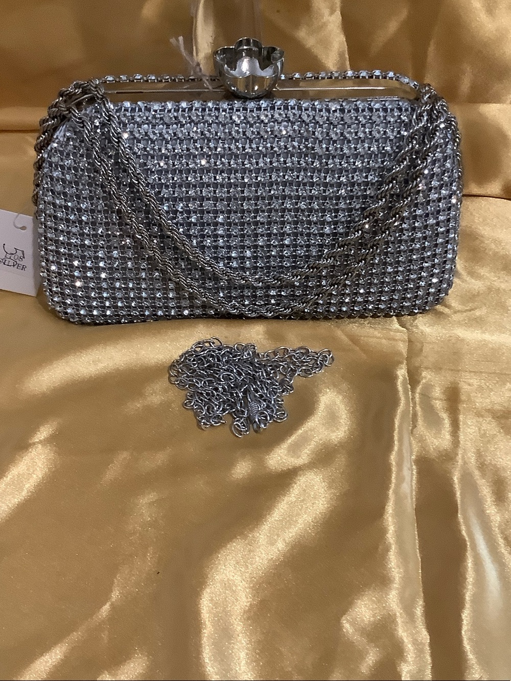 Silver Crystal Evening Clutch with Chain Strap